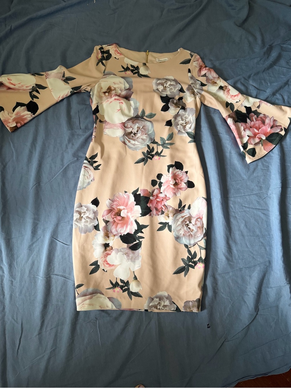 Calvin Klein Floral Bell-Sleeve Sheath Dress in Blush Pink